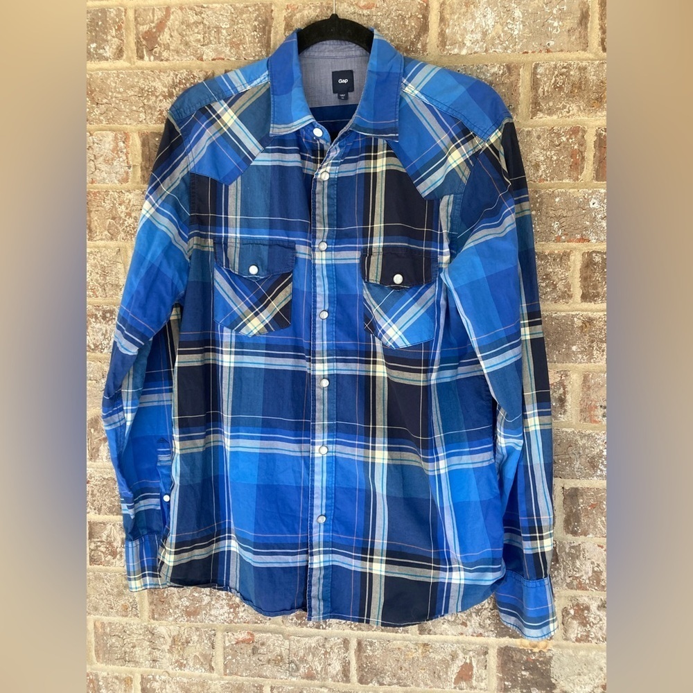 Gap Mens Blue White Plaid Long Sleeve Button Up Shirt Size Medium